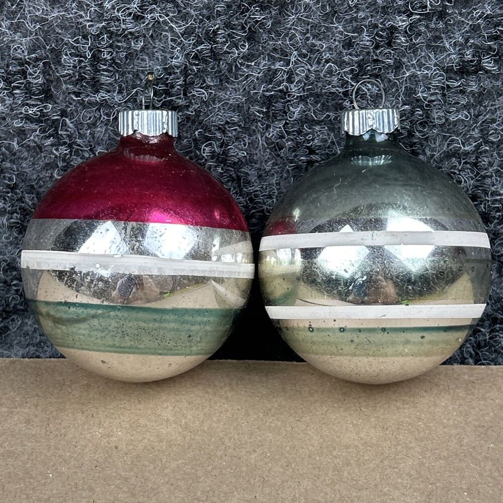 Vintage Shiny Bright Ornament Lot Of 2 Bulbs 2” Silver Mica Stripes